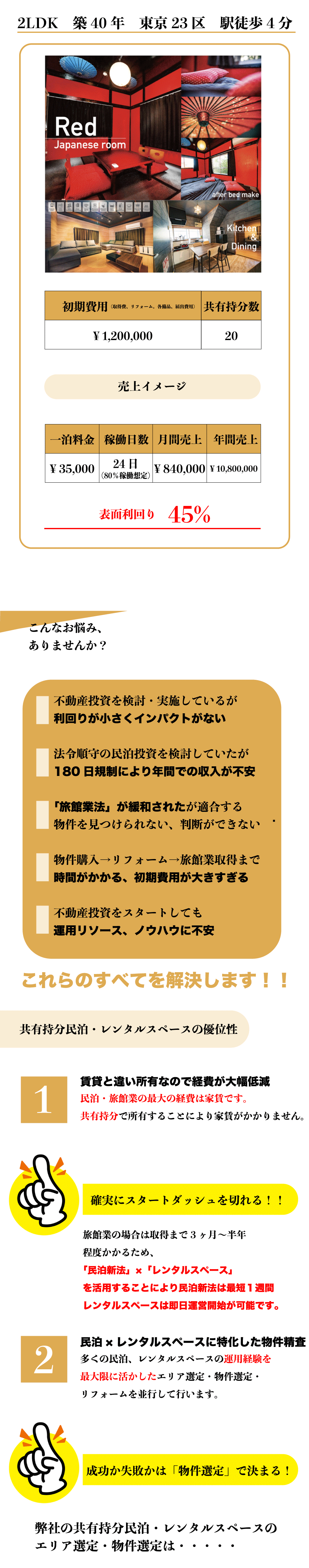 長くおこなってきた民泊事業のノウハウをもとに、エリア選定・リフォーム・リスティング設計によって高単価・高稼働率を実現。